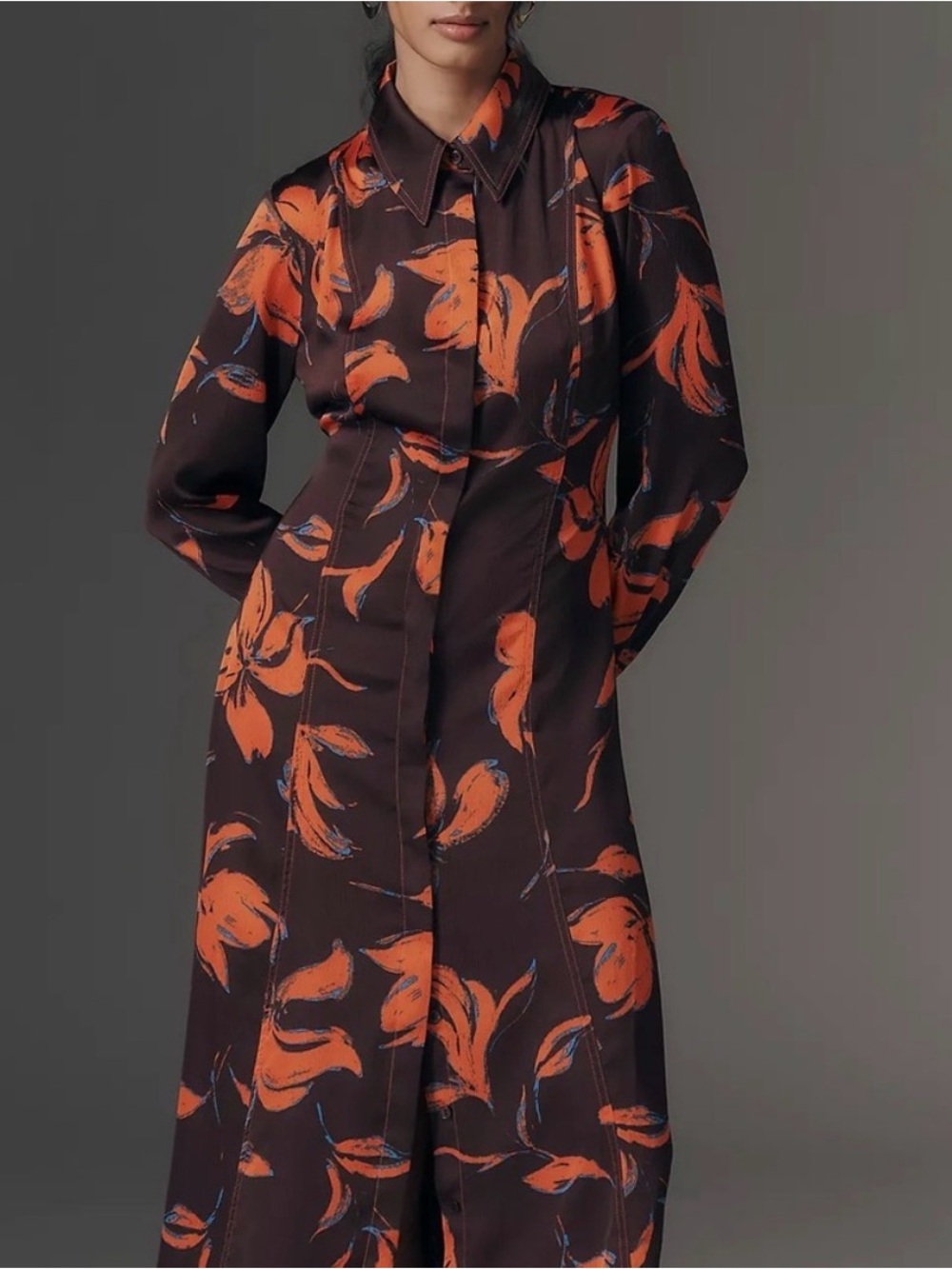 NWT* Anthropologie Maxi Shirt Dress in Dark Brown with Orange Floral Print